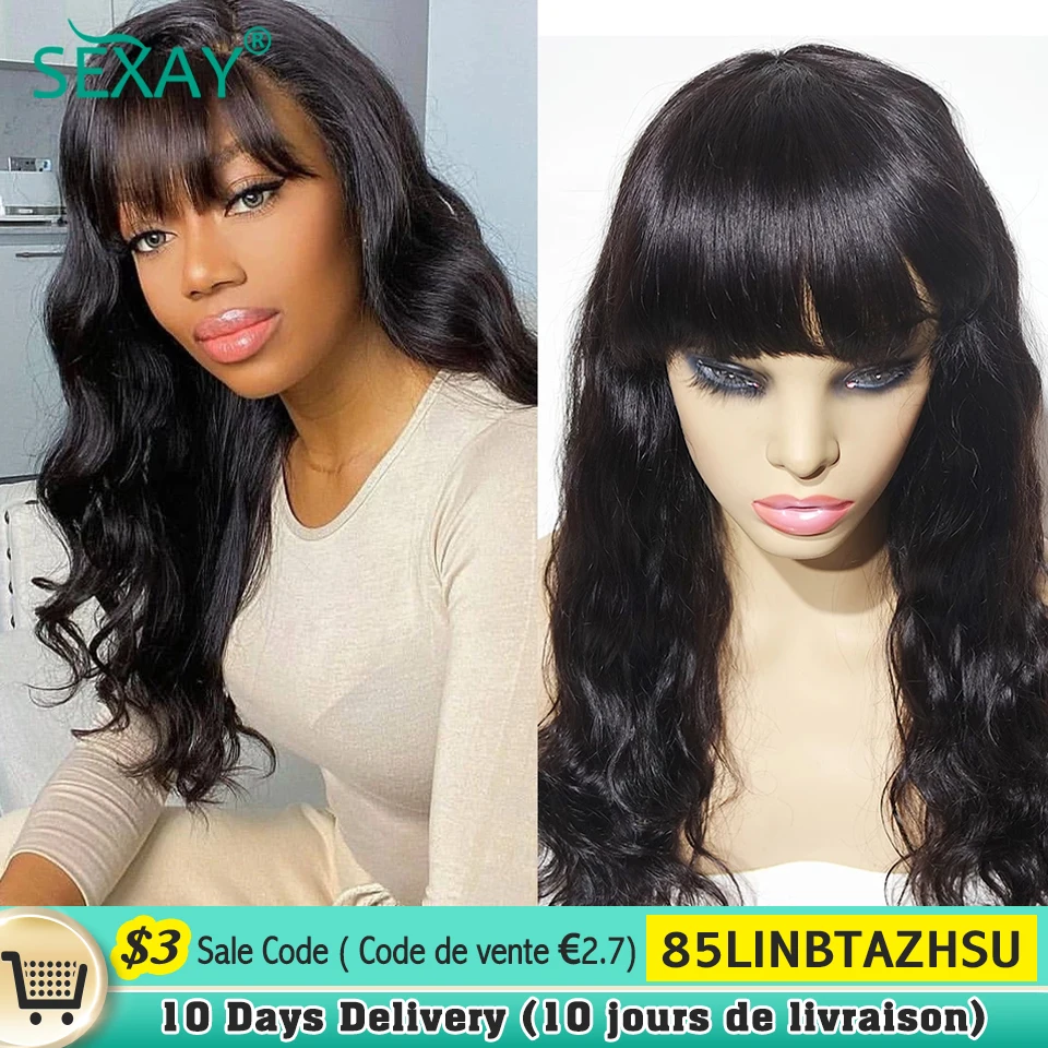 Sexay Bangs Wig Human Hair Brazilian Body Wave Hair 180 Density 10-24 Inch Glueless Human Hair Wigs With Bang Wig For Women Sale