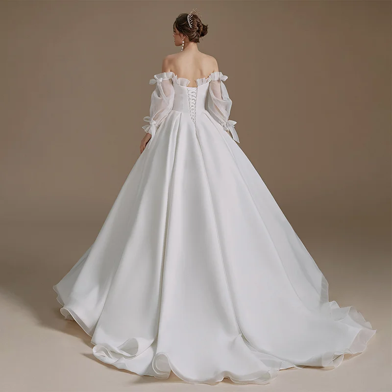 QD06103 Bow Rustic Wedding Dress Fullsleeve Wedding Dresses For Satin Civil Wedding Brush Train Dress Wedding Women robe mariage 2