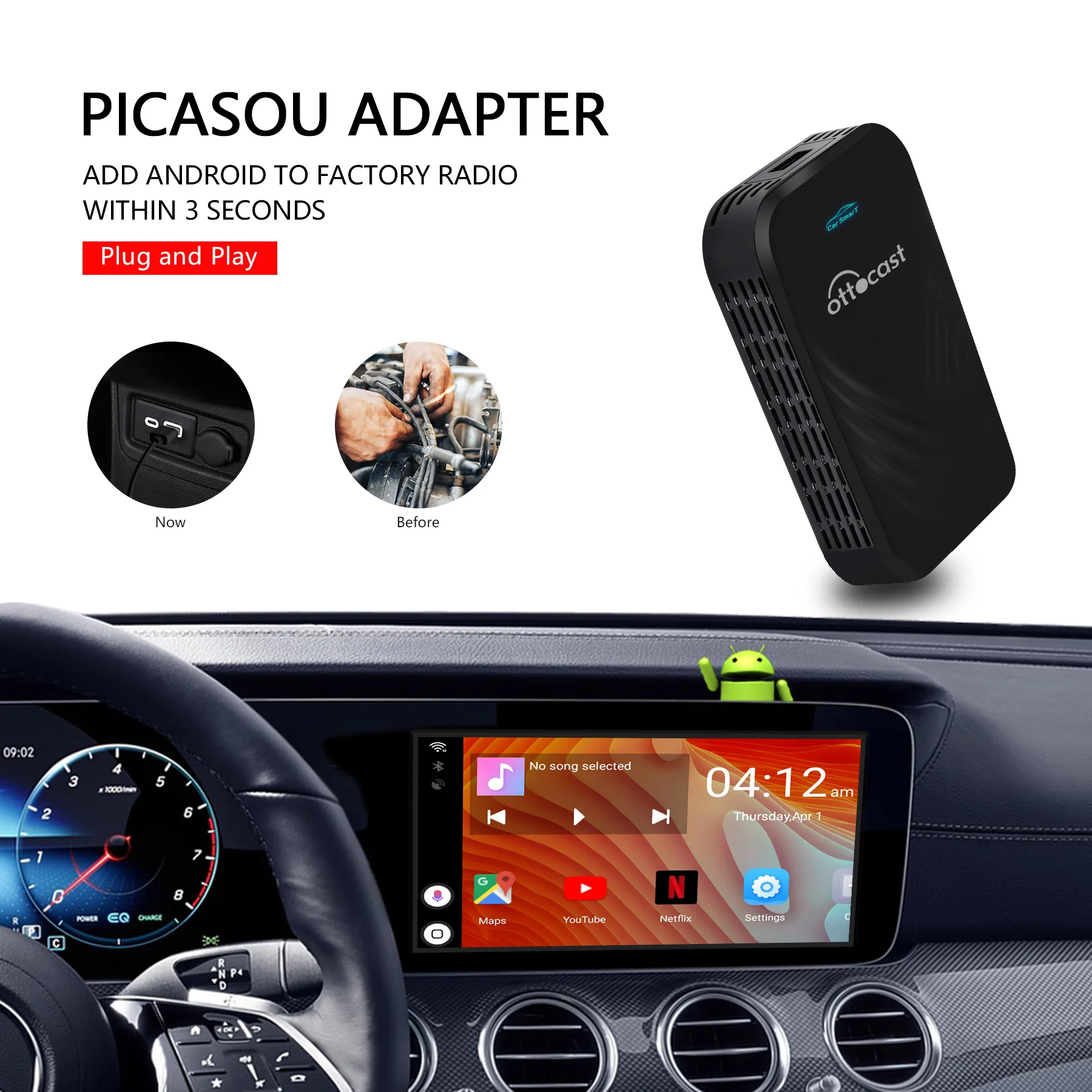 OTTOCAST Wireless CarPlay Adapter CarPlay AI BOX 4+32G for Neflix Youtube For Mercedes-Benz Audi