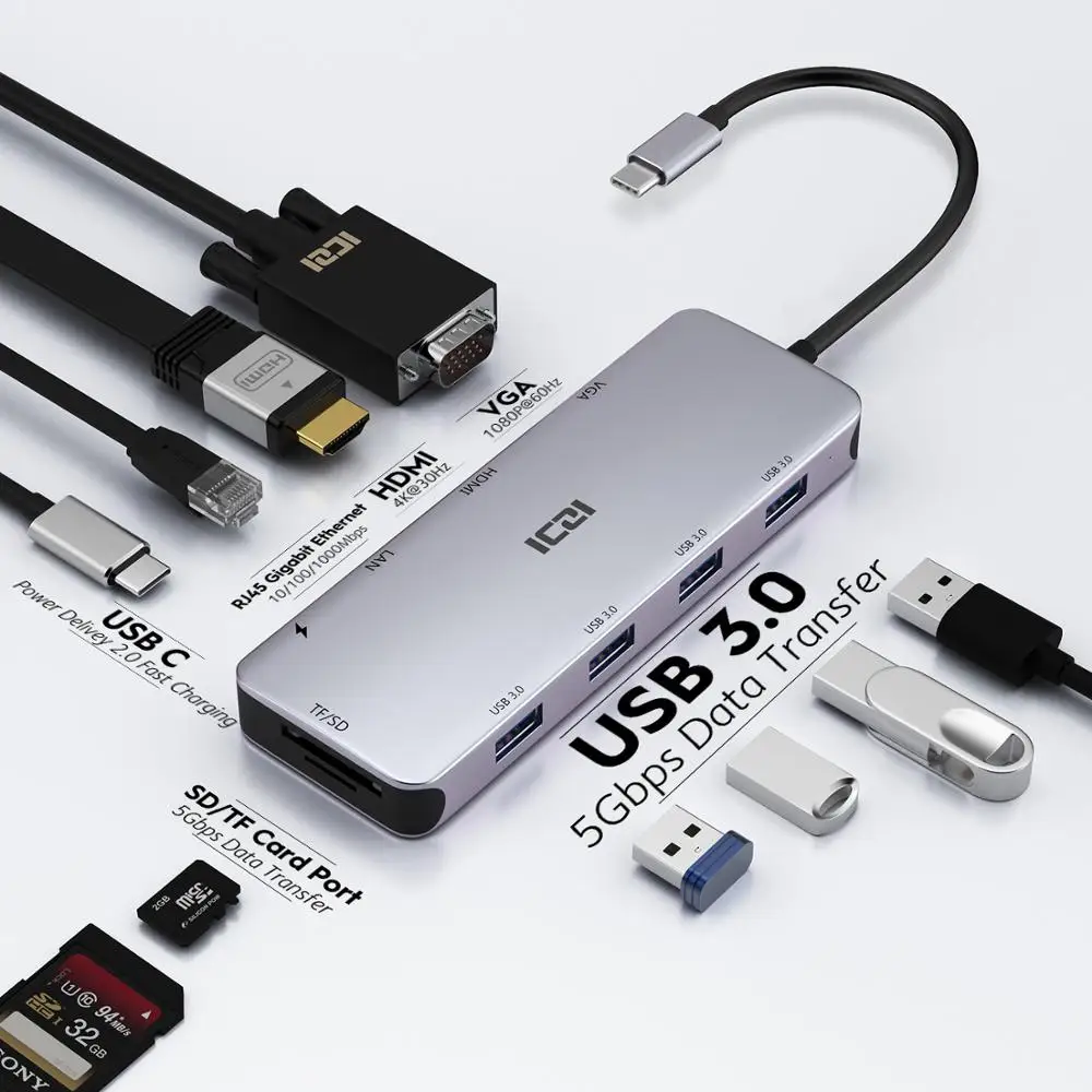 

ICZI 10 in 1 USB C HUB Type C to 4K HDMI VGA USB 3.0 Card Reader Ethernet RJ45 Power Converter for MacBook 2018 Samsung S10 S9