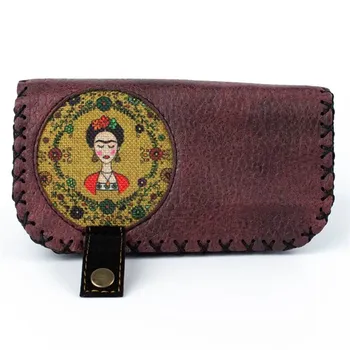 

Handmade Frida Kahlo Claret Red Large Ethnic Pattern Suede Wallet