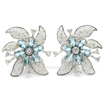 

22x22mm Classic Flowers Shape Created London Blue Topaz CZ Wedding Woman's Silver Earrings