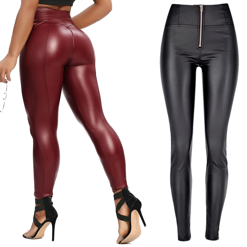 Zipper PU Leather Leggings Women's Faux Pants Elastic Shaping Hip Push Up Stretchy High Waist Curvy Pant | Спорт и развлечения