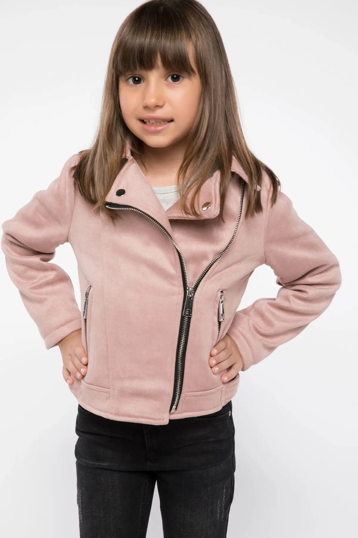 

DeFacto Girl Lapel Collar PU Leather Pink Jackets High Street Zipper Casual Short Coat Girls Autumn New- J4240A618WN