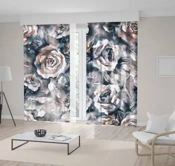 

Curtain Roses Flowers Pattern Romantic Classic Garden Petals Leaves Decorative Art Print Beige Blue