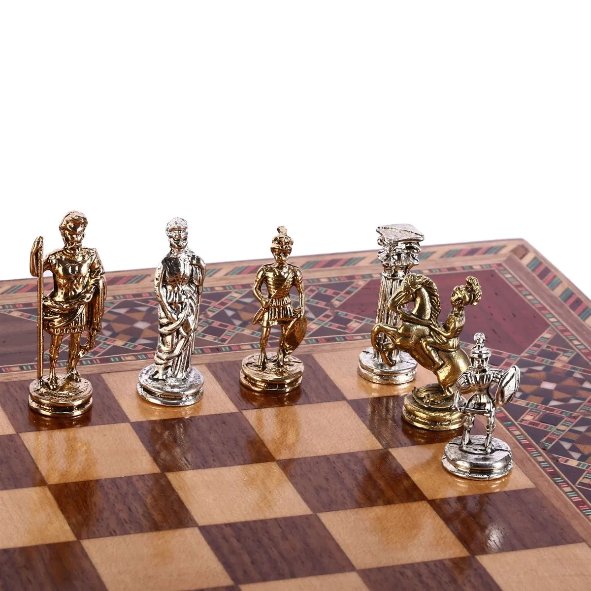 US $134.90 Historical Figures of Rome Metal Chess Set Handmade Pieces Natural Solid Wooden Chessboard storage Inside Small Size King 48cm