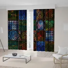Colorido juego de azulejos ornamentales con patrones étnicos Vintage ilustraciones azul verde marrón negro cortina