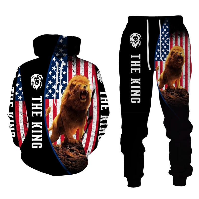 mens shorts and t shirt set The King 3d Printed Hoodie Pants Sets Autumn Winter Casual Sweashirt Pullover Lion Men's Tracksuits Set Fashion Men's Clothing men's outfit sets