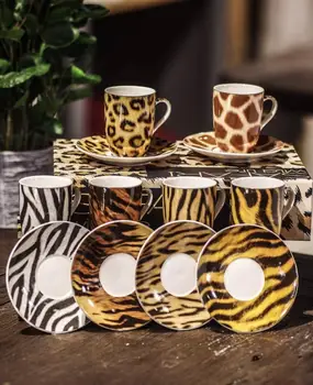 

African Striped Animals Patterned Zebra Leopar Tiger Aslan 12 Piece Espresso Turkish Coffee Set for 6 People