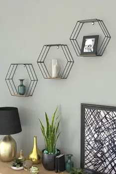 

Decorative Home Product Metal Black Hexagonal Wire Board Shelf Grid with Hanger 3-Piece Bookcase Shelf