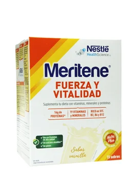 

Meritene strength and vitality vanilla flavor 15 food supplement envelopes with vitamins, minerals and proteins.