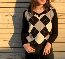 HEYounGIRL otoño negro V cuello de punto Vintage suéter Casual Argyle Jersey escocés mujeres Y2K estilo Preppy Jersey manga larga 2021