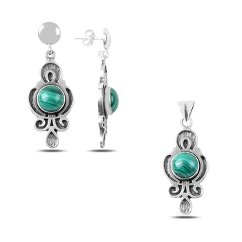 

Kutaydan Malachite Stone Handwork 925 Sterling Silver Set Made in Turkey