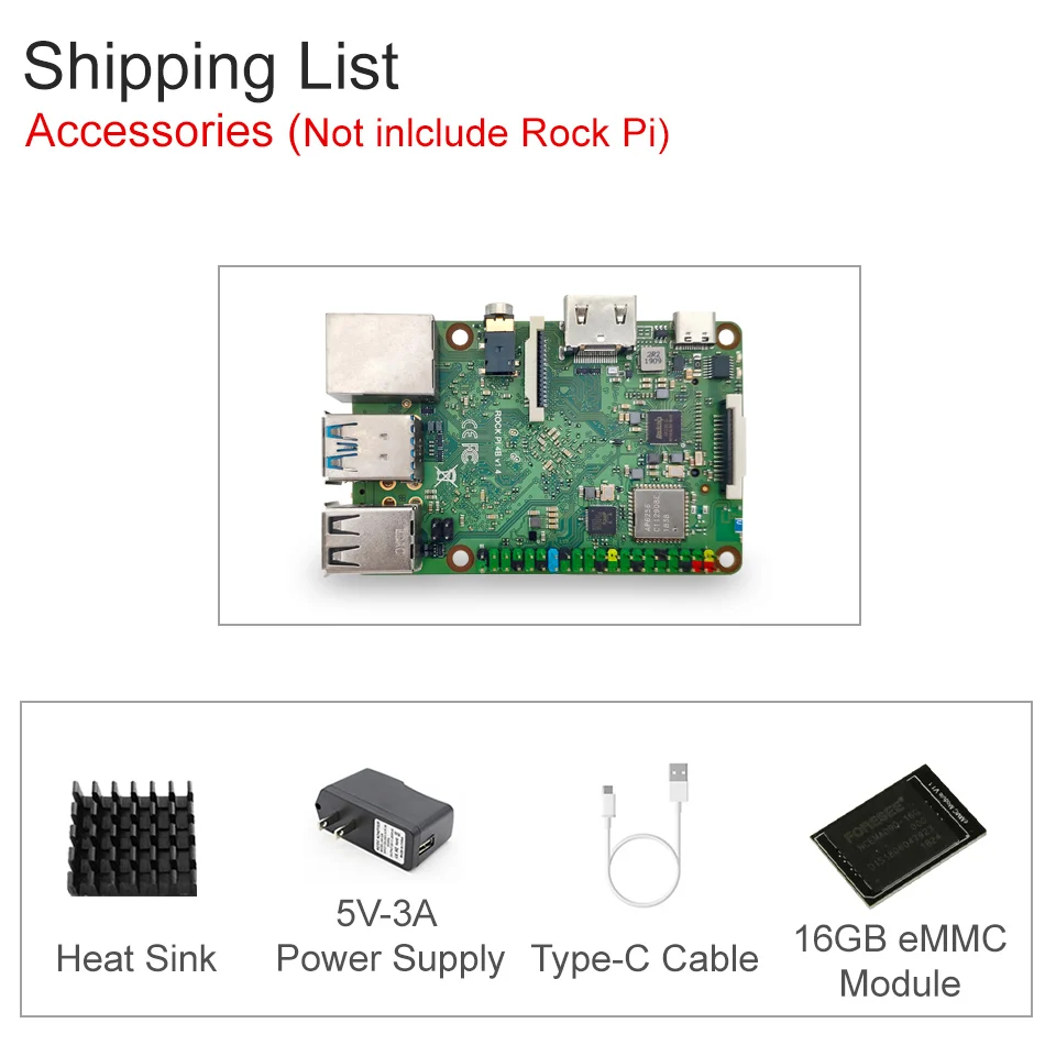 ROCK PI-4A V1.4 с аксессуарами Rockchip RK3399 ARM Cortex SBC/одноплатный компьютер, совместимый с малиновый pi дисплей - Комплект: Accessories