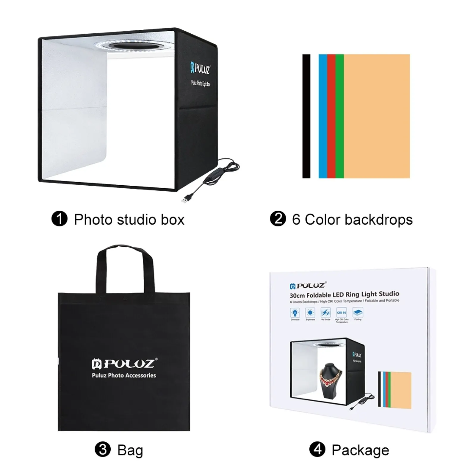 PULUZ Photo Studio Box 30CM Photography Lightbox Photo Shooting Tent Box Kit 6 Color Backdrop Dimmable Ring LED Light Softbox