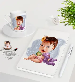 

Personalized Baby Caricature Of White Notebook Pen Turkish Coffee Cup Seti-2