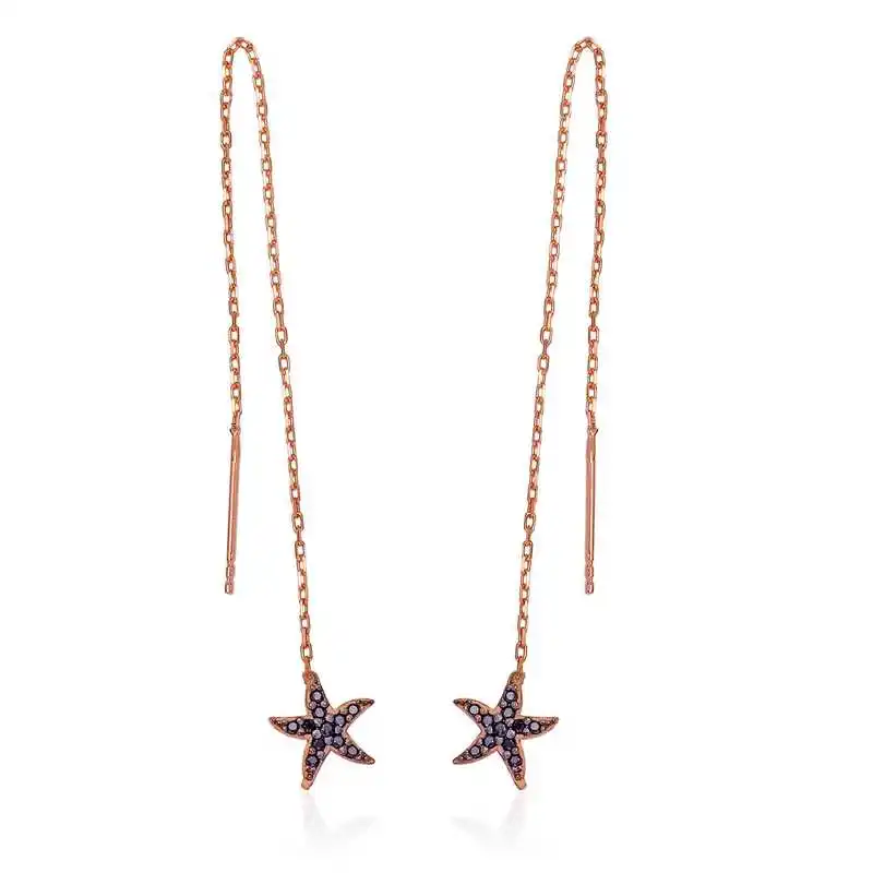 Merve Silver Silver Black Cubic Zirconia Sea Star Chain Earrings