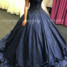 Элегантное Пышное Бальное платье принцессы с рукавами-крылышками и v-образным вырезом 16 вечерние платья с тяжелыми бусинами темно-синего цвета