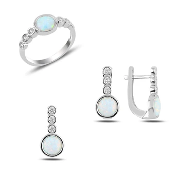 

Silver 925 Sterling Round Opal & Zircon Crystal Set