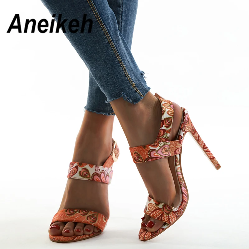 

Aneikeh NEW 2020 Sexy Canvas Shoes Woman Sandals Open Toed High Heels Women Thin Heels Sandals DRESS Party Pumps 11CM Size 41 42
