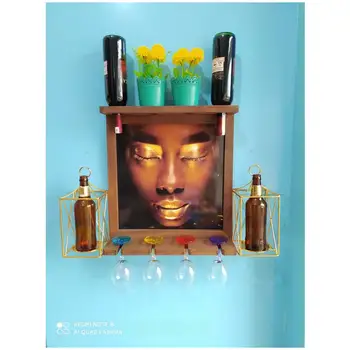 

Wooden Red Wine Beer Rack 4 Bottle Holder Wall Picture Goblet Holder Gold Metal Candle Holder Candlestick Artificial Flowers
