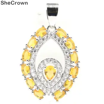 

34x20mm SheCrown Songbird Created Golden Citrine White CZ Gift For Woman's Silver Pendant