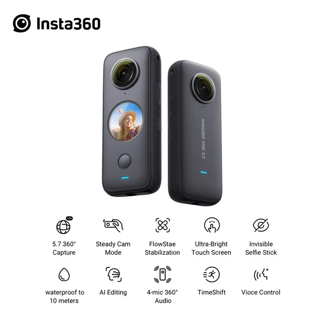 Insta360 ONE X2 360 Degree Waterproof Action Camera 5.7K 360 Stabilization Touch Screen AI Editing Live Streaming Webcam 4