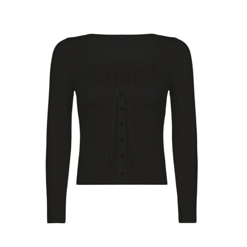 Korean Cute Y2K Retro Cotton Tops Lace Patchwork Buttons Kawaii Tshirts Autumn Square Collar Chic Casual Shirts