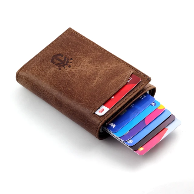Smart Wallet Business Card Holder Real Cow Leather Handmade Smart Automatic Card Holder Men Gift Max credit card Coffee