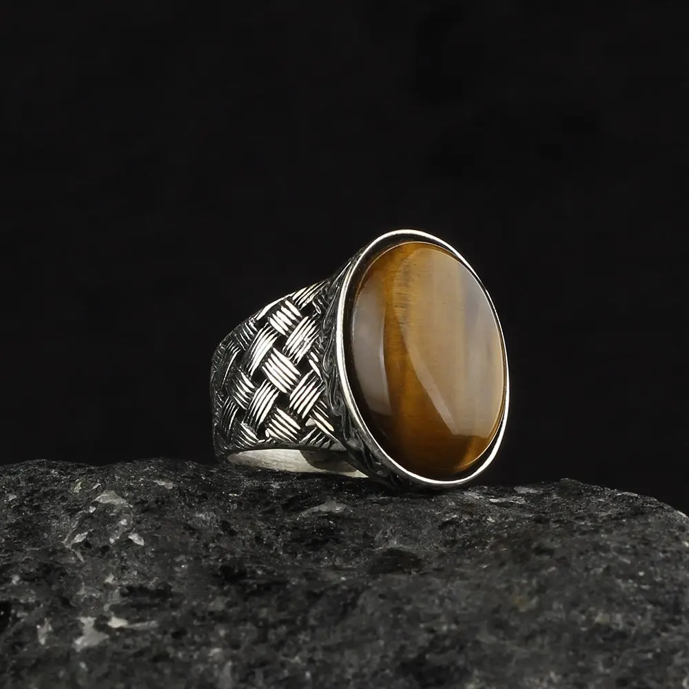 

MEN 'S Tiger 'S Eye Gemstone 925 Sterling Silver Engraved Ring Made in Turkey Male Gift Accessories High Quality Fashion Jewelry Trend