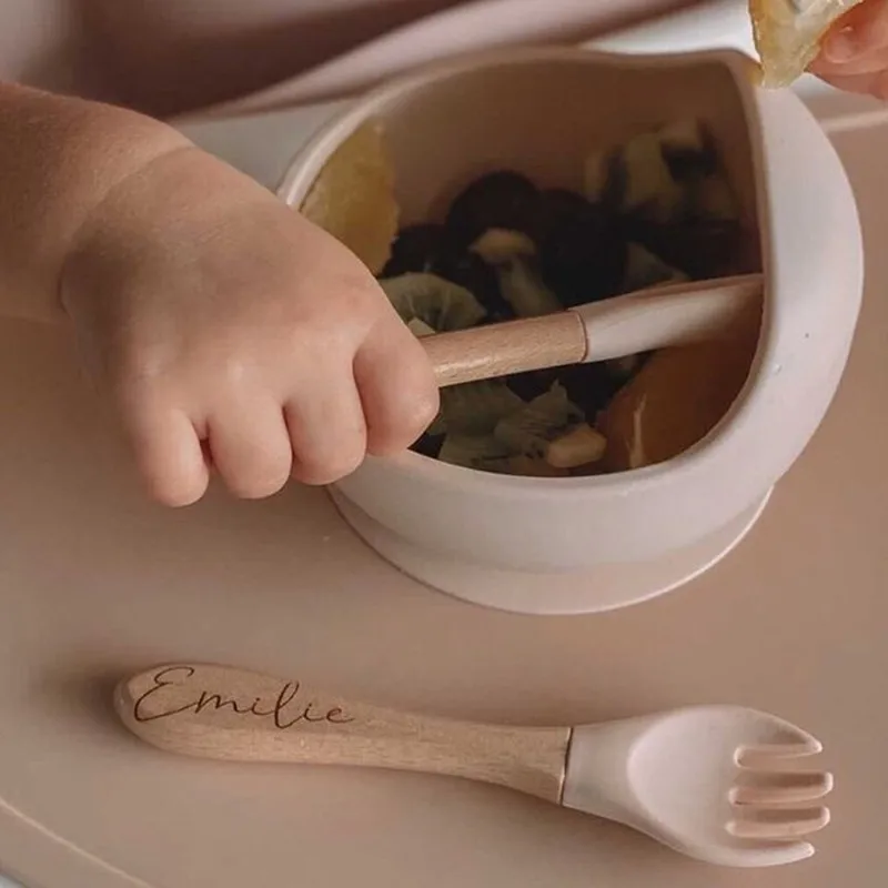 Personalized name Food Grade Baby Feeding Set with Spoon, fork,Silicone Suction Bowls and bib BPA Free - First Stage Self Feed 3