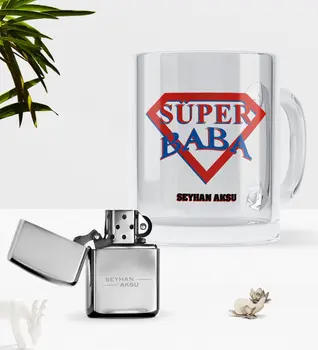 

Personalized Super Dad Glass Mug Cup Gasoline Metal Lighter Seti-3