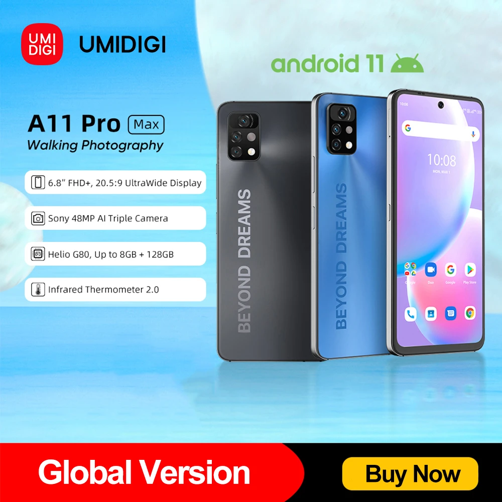 [In Stock] UMIDIGI A11 Pro Max Global Version Android 11 6.8" FHD+ Display Smartphone 128GB Helio G80 48MP Triple Camera 5150mAh