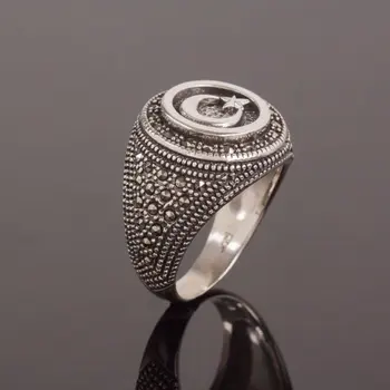 

925 Sterling Moon Star Silver Ring with Marcasite Stone Fashion Turkish Premium Quality Handmade Jawelery