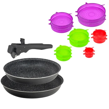 

Set 2 pans (20/24 cm) in aluminum pressed with handle and 12 BERGNER silicone caps Jolie collection