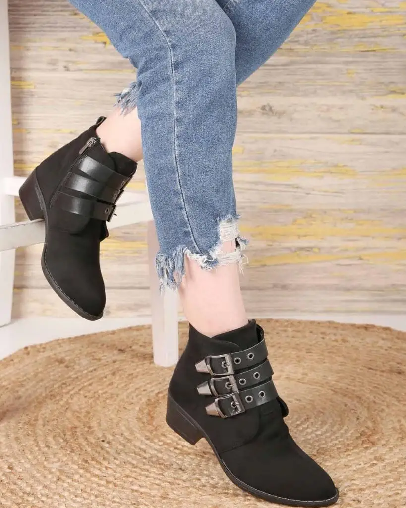 

Mosimoso Women's Ankle Height Boot Black Suede Pointed Toe Three Buckle Women Boots