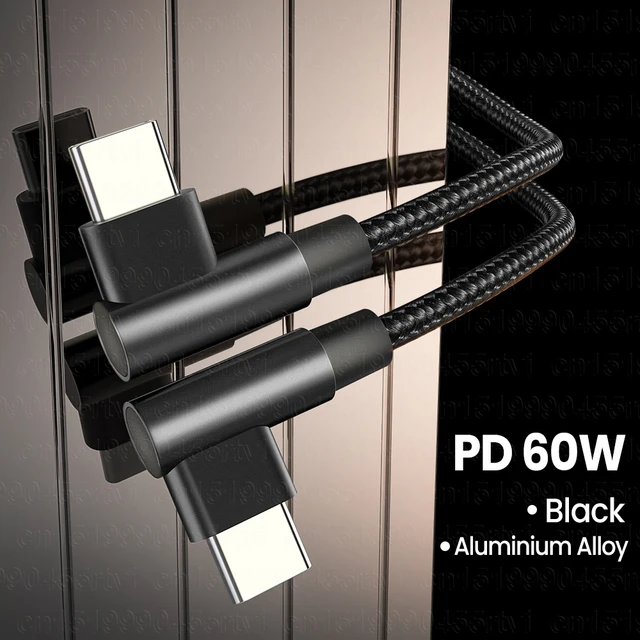 3A double elbow Type-c to USB C 60W fast charging data cable For Huawei Samsung Xiaomi mobile phone charging cable 1m/2m/3m Black