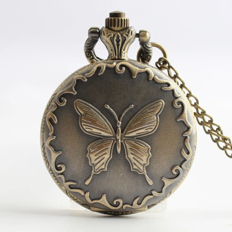 

Карманные часы в стиле стимпанк, бронзовые ретро Кварцевые часы на цепочке с рисунком бабочки среднего размера, карманные часы