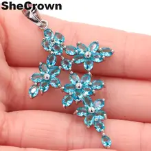 53x30 мм длинный крест Форма создан насыщенного синего цвета Аквамарин женские свадебные серебряный кулон