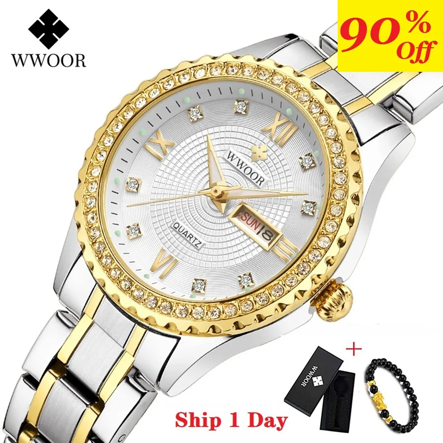 Casual Dress Watches Bracelet Stainless-Steel Women WWOOR Gold Waterproof Reloj-Mujer