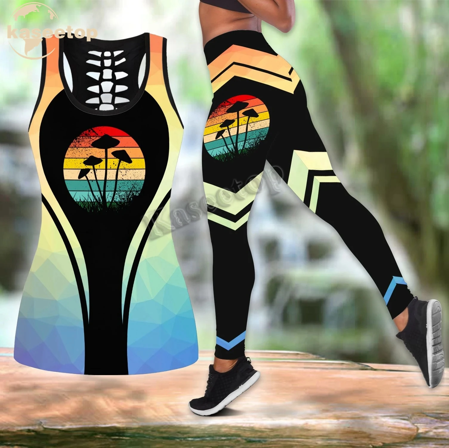 

Kaseetop Mushroom Vintage Retro New Two Piece Yoga Set Women 3D Print Vest Hollow Out Hollow Tank & Legging Outfit Summer LK139