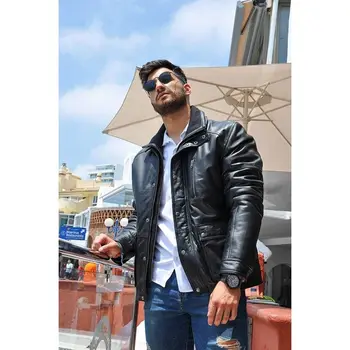 

Zerimar quilted leather jacket with pockets and double stitching