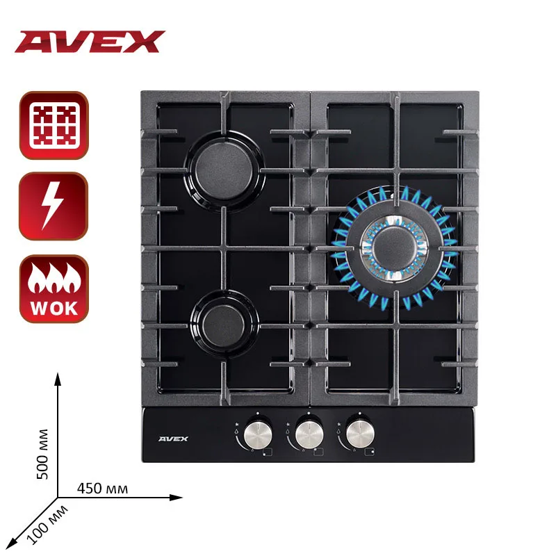 Встраиваемая варочная панель AVEX HS 4531 B 45 см 3 конфорки чугунные решетки