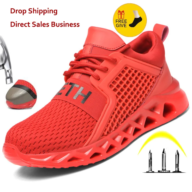 Zapatos de seguridad con punta de acero para hombre, calzado de malla transpirable, antigolpes, ligero, a prueba de perforaciones, cómodo