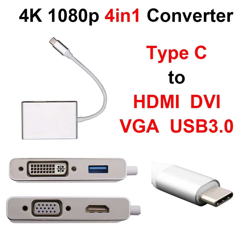 4 In 1 USB 3.1 Type-C to HDMI DVI VGA USB3.0 Adapter Converter 4K 1080p  Male to Female - AliExpress