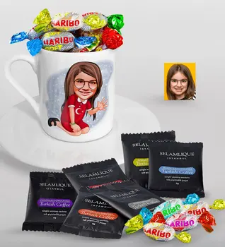 

Personalized Female Child Caricature Of Turkish Coffee Cup Selamlique Mixed Turkish Coffee house And Haribo Candy Gift Seti-2