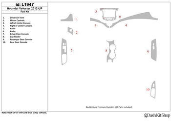 

Interior trim for Hyundai Veloster 2012-UP. Set L1947.