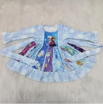

Infant Toddlers Baby Girls Boutique Clothing Blue Long Sleeve Ruffle Large Twril Dress Kids Dresses Clothes For Winter