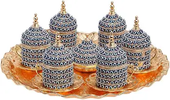 

Handmade authentic Design Turkish Greek Arabic Coffee Espresso Set for 6 Service, Cups Saucers Lids Tray Delight Candy Dish GIFT