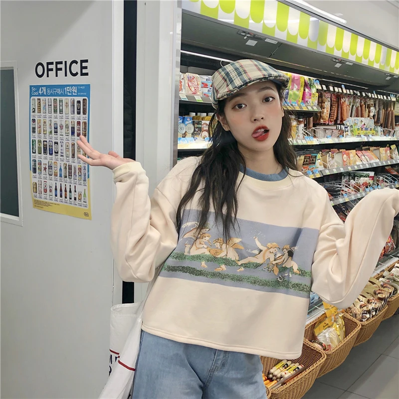Ангелы мультфильм печати Harajuku Осень и зима толстый женский укороченный свитер корейский стиль свободный негабаритный пуловер